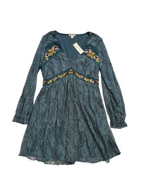 Francesca’s Blue Lace Long Sleeve Floral Embroidered Dress Medium Boho Hippie